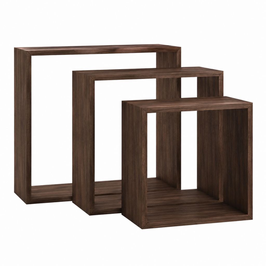 Étagères murales cubes lot de 3 marron noyer en panneaux de particules 60 x 15 x 60 cm 45 x 15 x 45 cm 30 x 15 x 30 cm