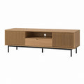 Meuble TV 160 cm chêne clair en panneaux de particules plaqués avec portes coulissantes et pieds acier noir