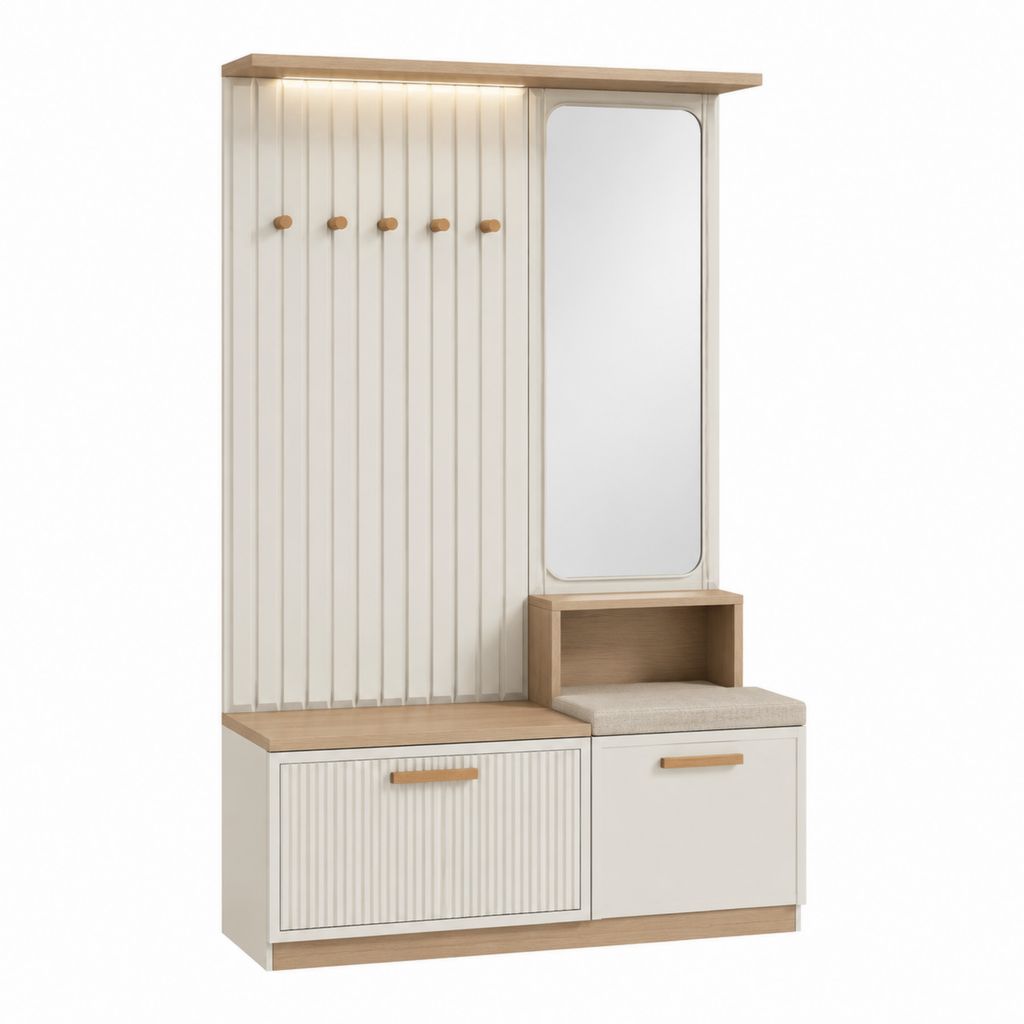 Meuble d'entrée avec miroir éclairé blanc et chêne 100 x 40 x 190 cm