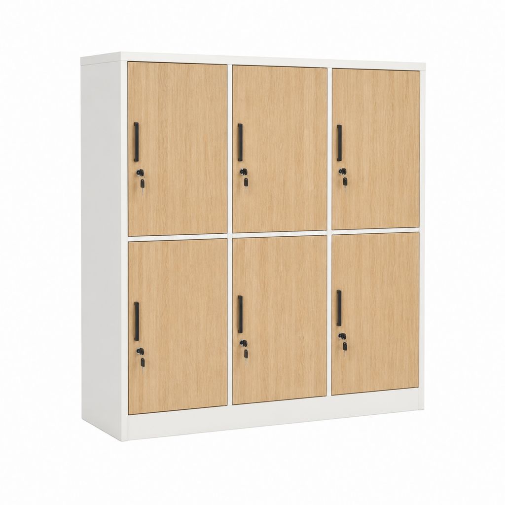Armoire de chambre 6 portes verrouillables blanc et chêne clair en panneaux de particules mélaminés rectangulaire 180 x 120 x 45 cm