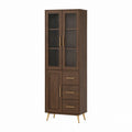 Buffet haut 3 portes 3 tiroirs brun noyer en panneaux de particules et verre strié 80 x 40 x 190 cm