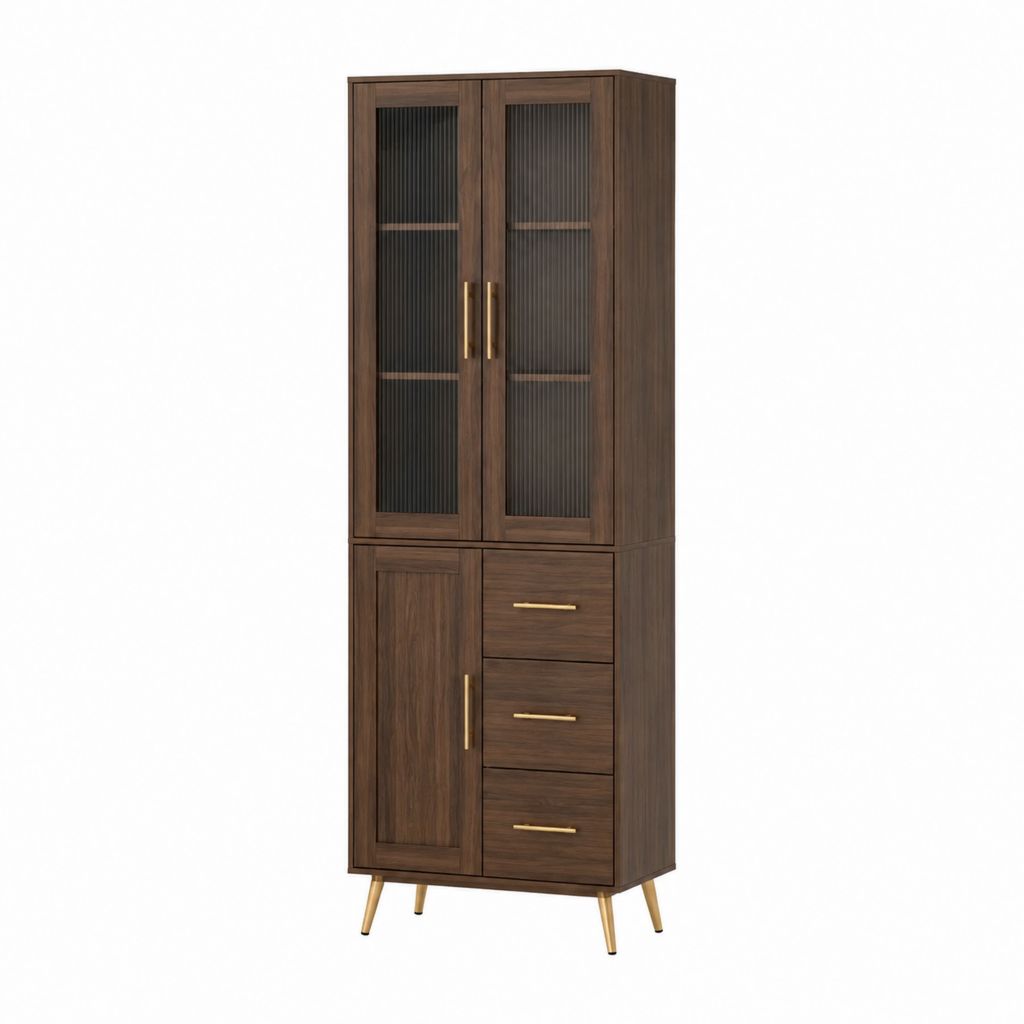 Buffet haut 3 portes 3 tiroirs brun noyer en panneaux de particules et verre strié 80 x 40 x 190 cm