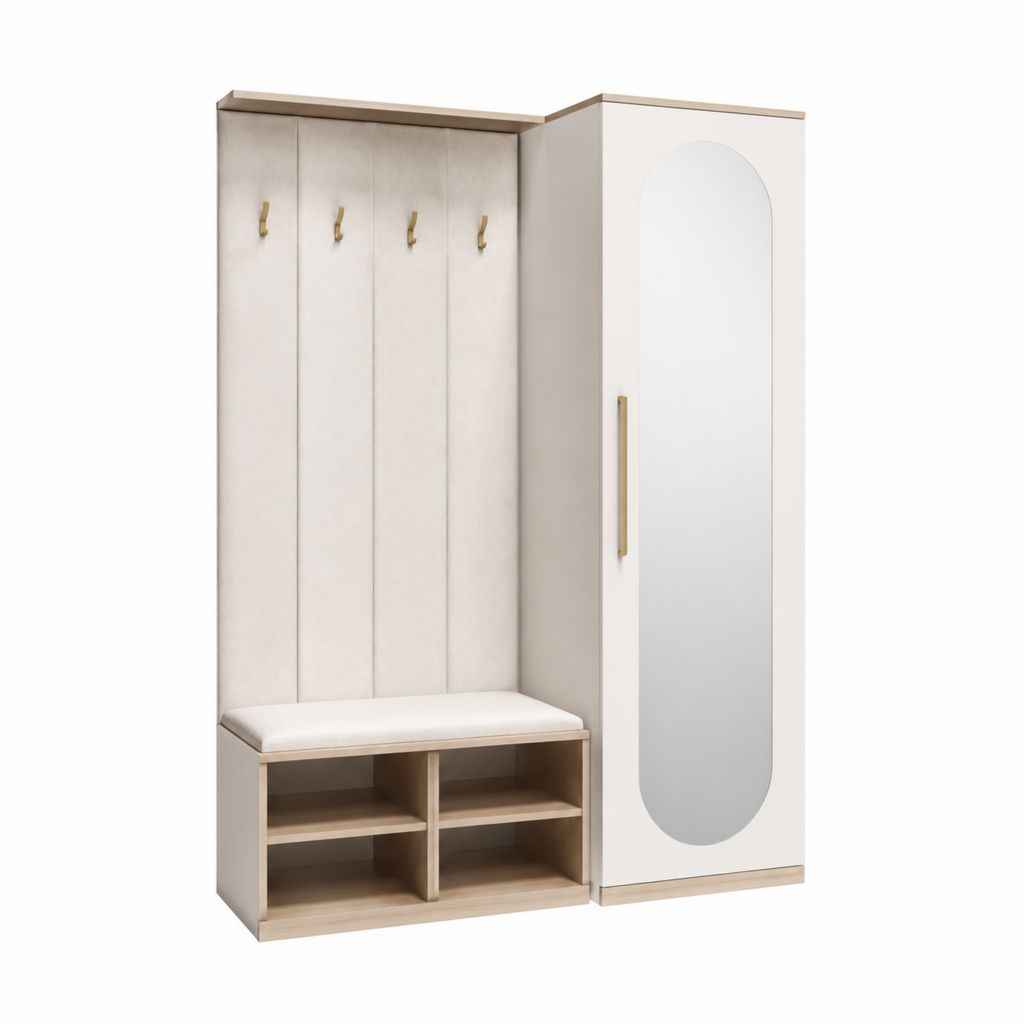 Ensemble meuble d'entrée avec vestiaire banc rangement chaussures armoire miroir blanc beige en panneaux de particules 130 x 40 x 200 cm