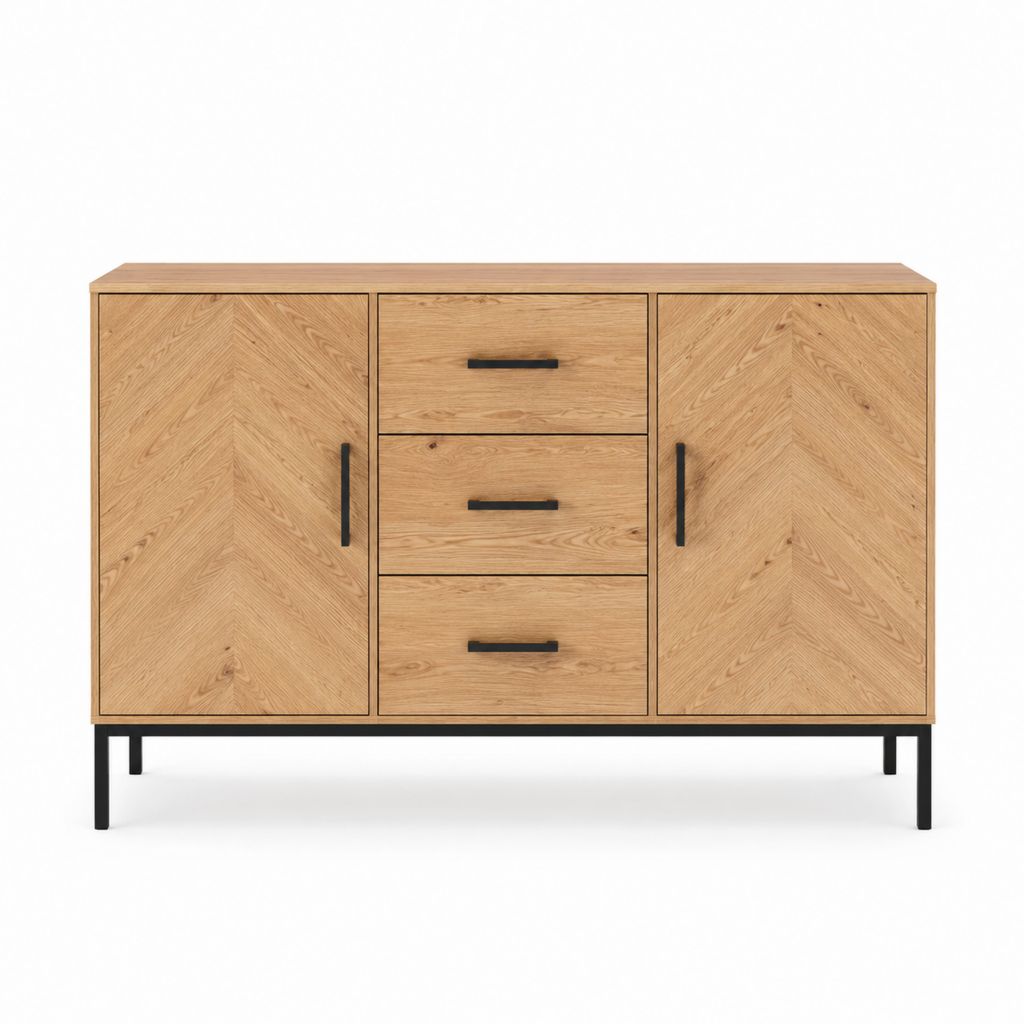 Buffet 2 portes 3 tiroirs chêne naturel panneaux MDF rectangulaire 160 x 40 x 85 cm