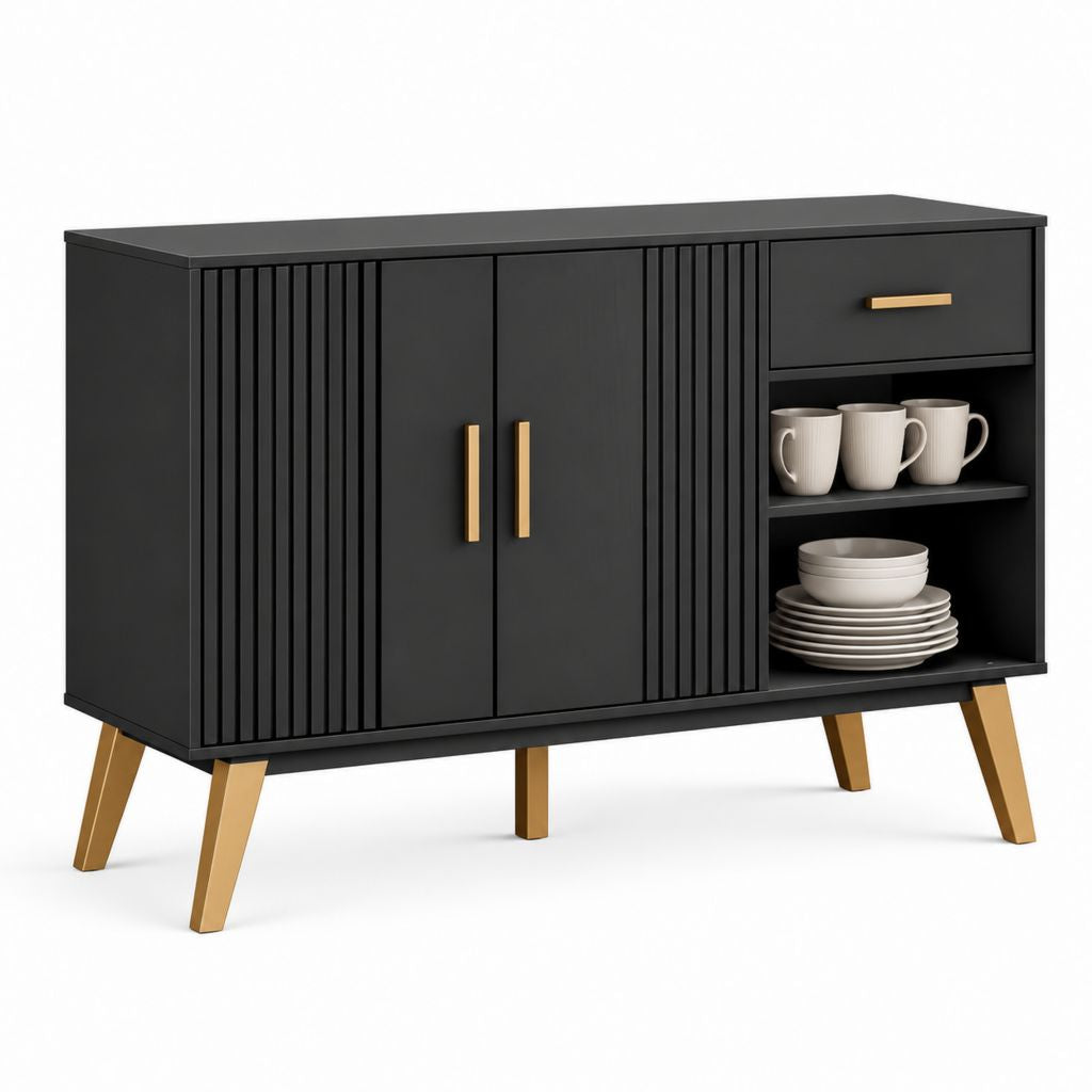 Buffet de rangement noir en panneaux de particules 120 x 40 x 80 cm avec 2 portes 1 tiroir et étagères