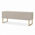 Meuble TV 180 cm gris clair en panneaux MDF avec 2 portes et 2 tiroirs pieds acier doré