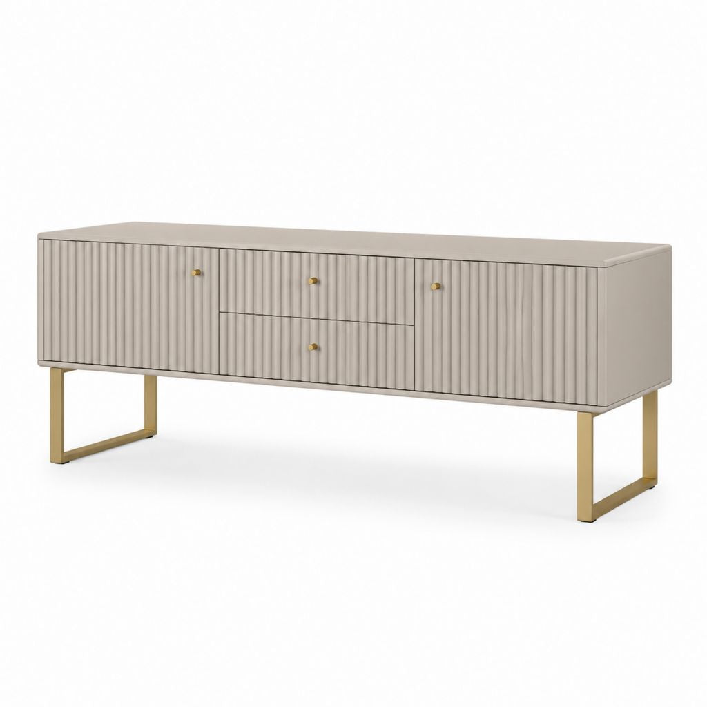 Meuble TV 180 cm gris clair en panneaux MDF avec 2 portes et 2 tiroirs pieds acier doré