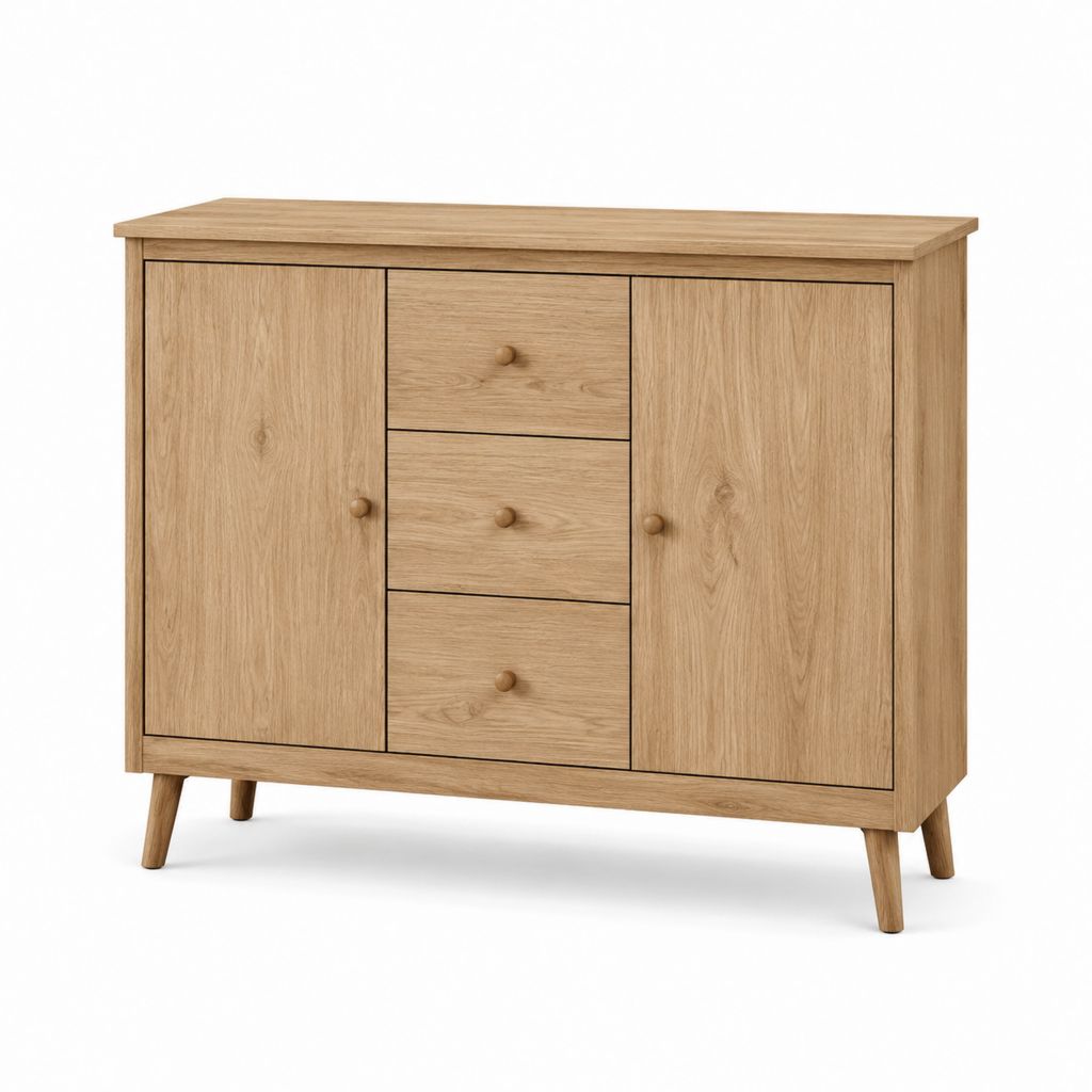 Buffet de rangement 2 portes 3 tiroirs chêne clair panneaux de particules 120 x 40 x 90 cm