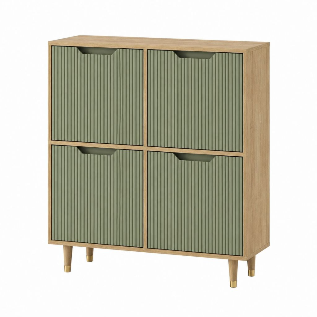 Buffet de rangement rectangulaire 4 portes vert sauge et chêne en panneaux MDF 80 x 40 x 100 cm