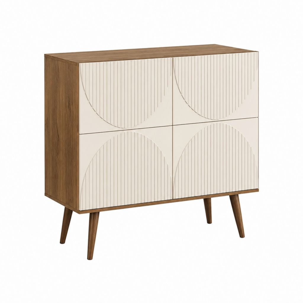 Buffet 4 portes beige et noyer en panneaux MDF 80 x 40 x 100 cm