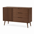 Buffet 3 tiroirs 1 porte brun noyer en panneaux MDF plaqués 120 x 40 x 75 cm