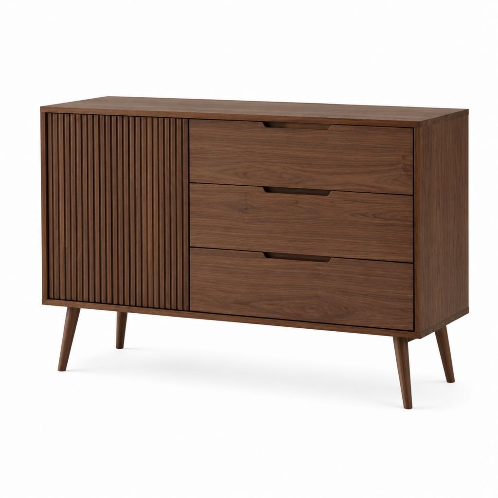 Buffet 3 tiroirs 1 porte brun noyer en panneaux MDF plaqués 120 x 40 x 75 cm