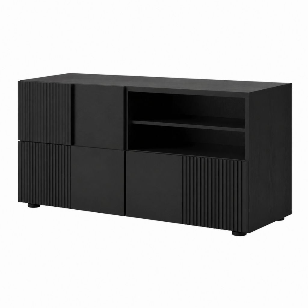 Meuble TV noir en panneaux MDF rectangulaire avec 3 portes et 2 niches 120 x 40 x 75 cm