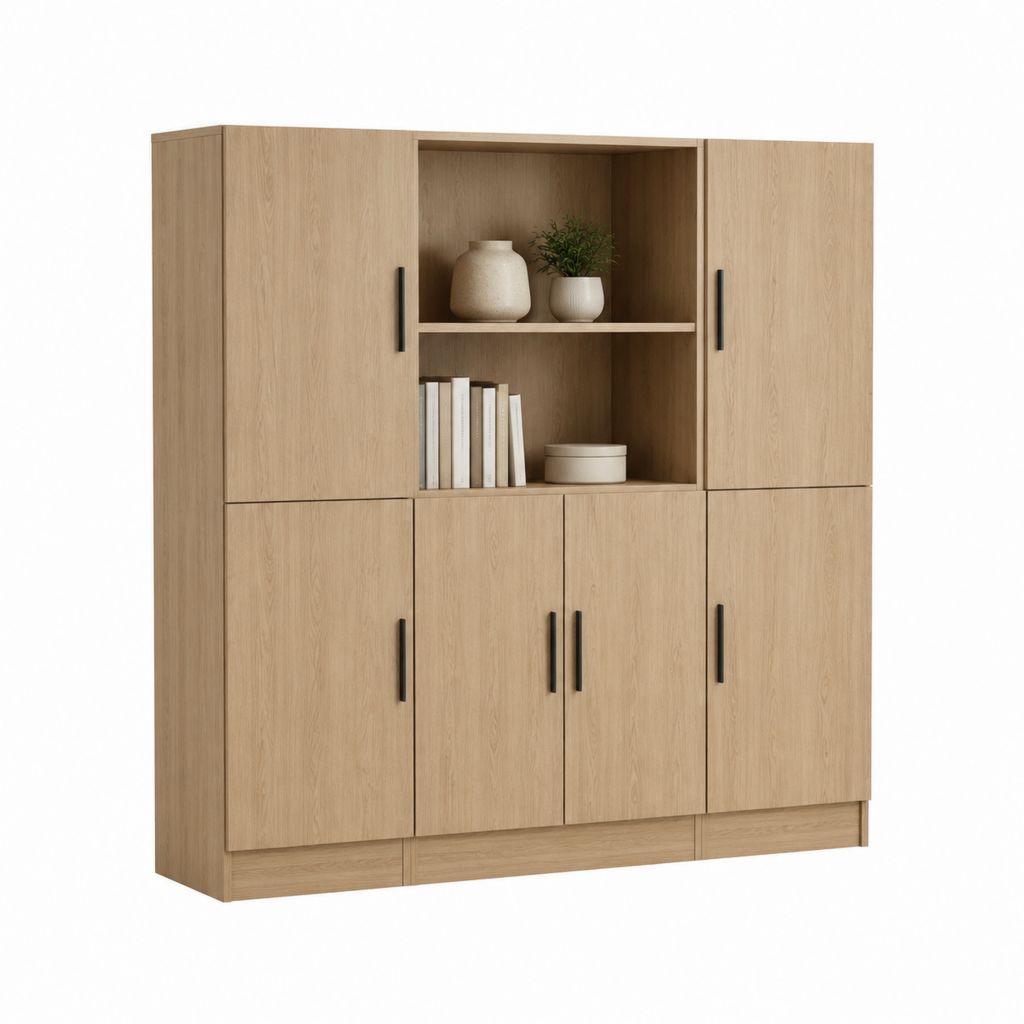 Armoire de rangement 6 portes avec étagères ouvertes chêne clair en panneaux de particules 160 x 40 x 200 cm