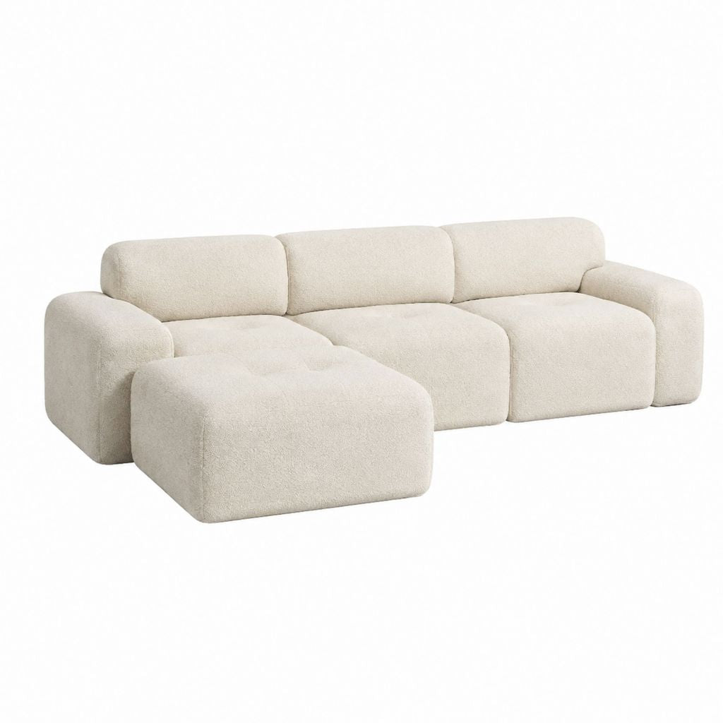 Canapé modulaire 4 places avec pouf beige en polyester bouclette 300 x 100 x 75 cm
